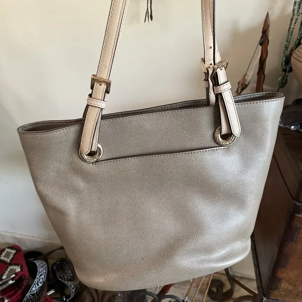 Michael Kors Jet Set Medium Tote Beige Leather MK Shoulder